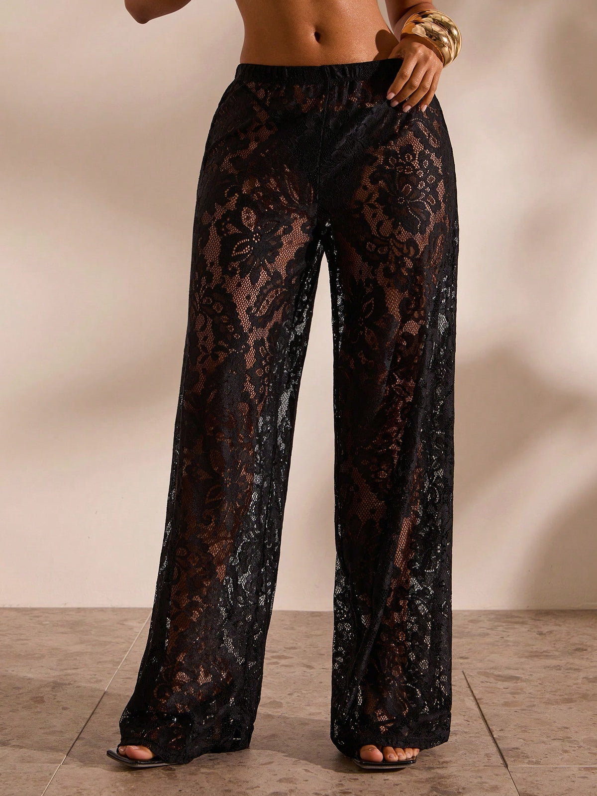 Opulessa Women's Solid Color Knotted Hollow See-Through Casual Pants Cover-Up