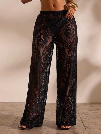 Opulessa Women's Solid Color Knotted Hollow See-Through Casual Pants Cover-Up