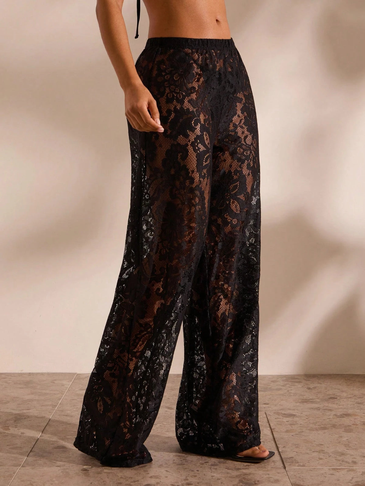 Opulessa Women's Solid Color Knotted Hollow See-Through Casual Pants Cover-Up