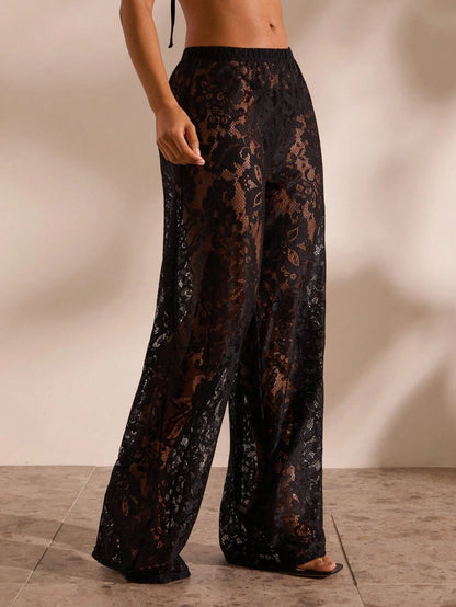 Opulessa Women's Solid Color Knotted Hollow See-Through Casual Pants Cover-Up