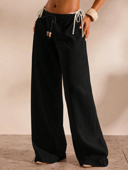 Opulessa Women's Solid Color Waist Tie Cover-Up Pants For Vacation