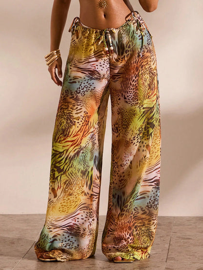 Opulessa Women's Summer Vacation Animal Print Drawstring Waist Cover-Up & Pants Set
