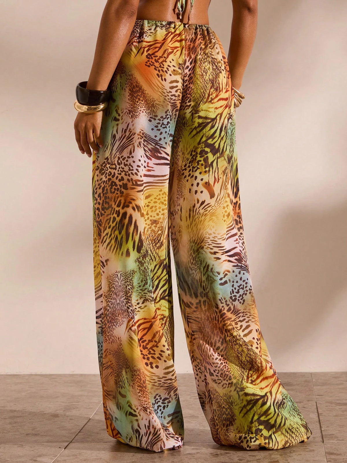 Opulessa Women's Summer Vacation Animal Print Drawstring Waist Cover-Up & Pants Set
