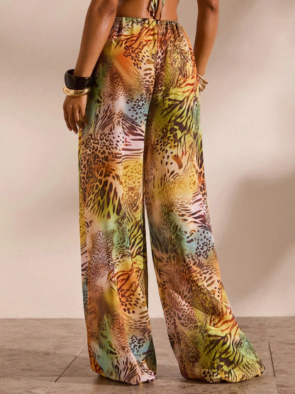 Opulessa Women's Summer Vacation Animal Print Drawstring Waist Cover-Up & Pants Set