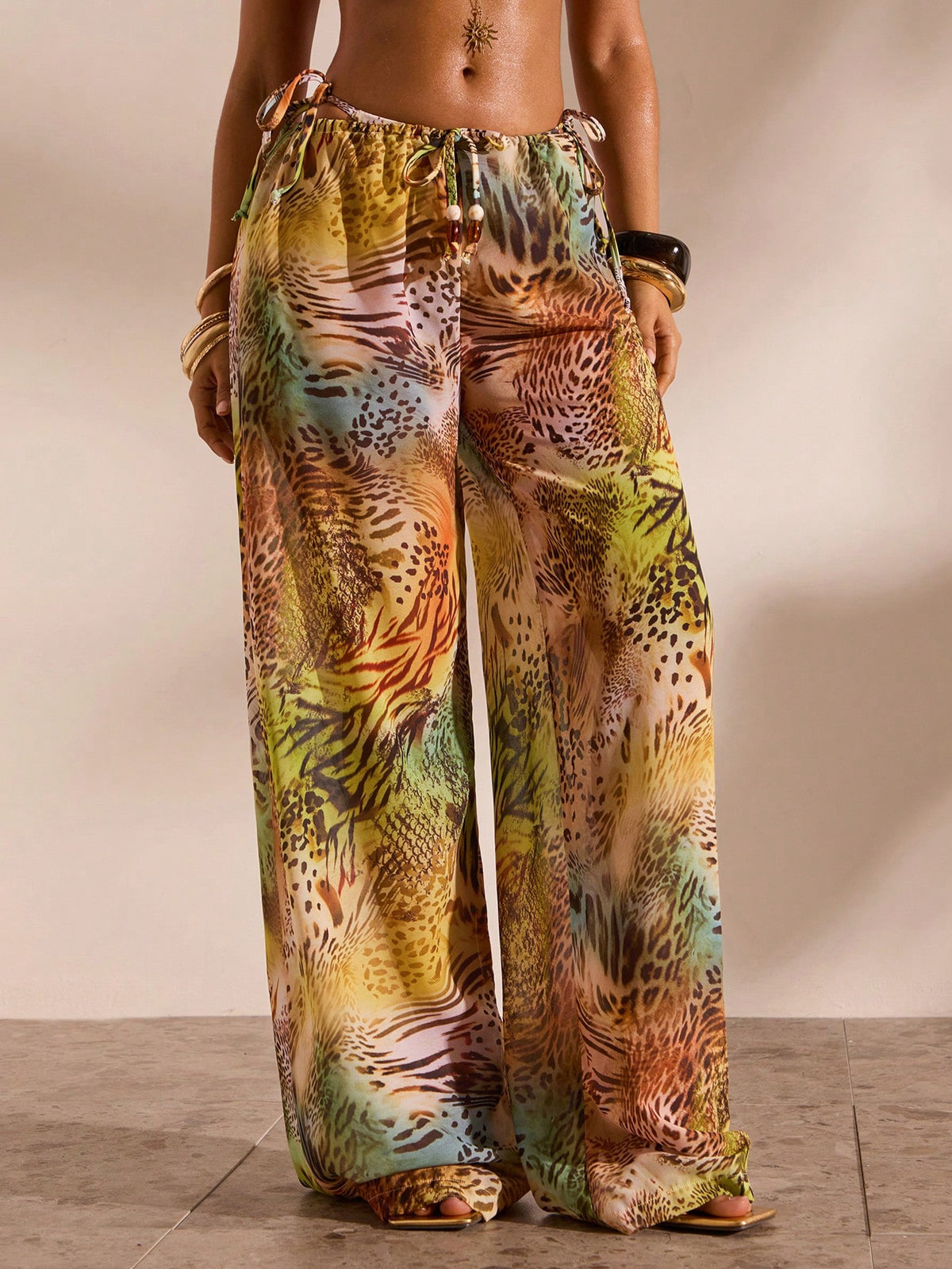 Opulessa Women's Summer Vacation Animal Print Drawstring Waist Cover-Up & Pants Set