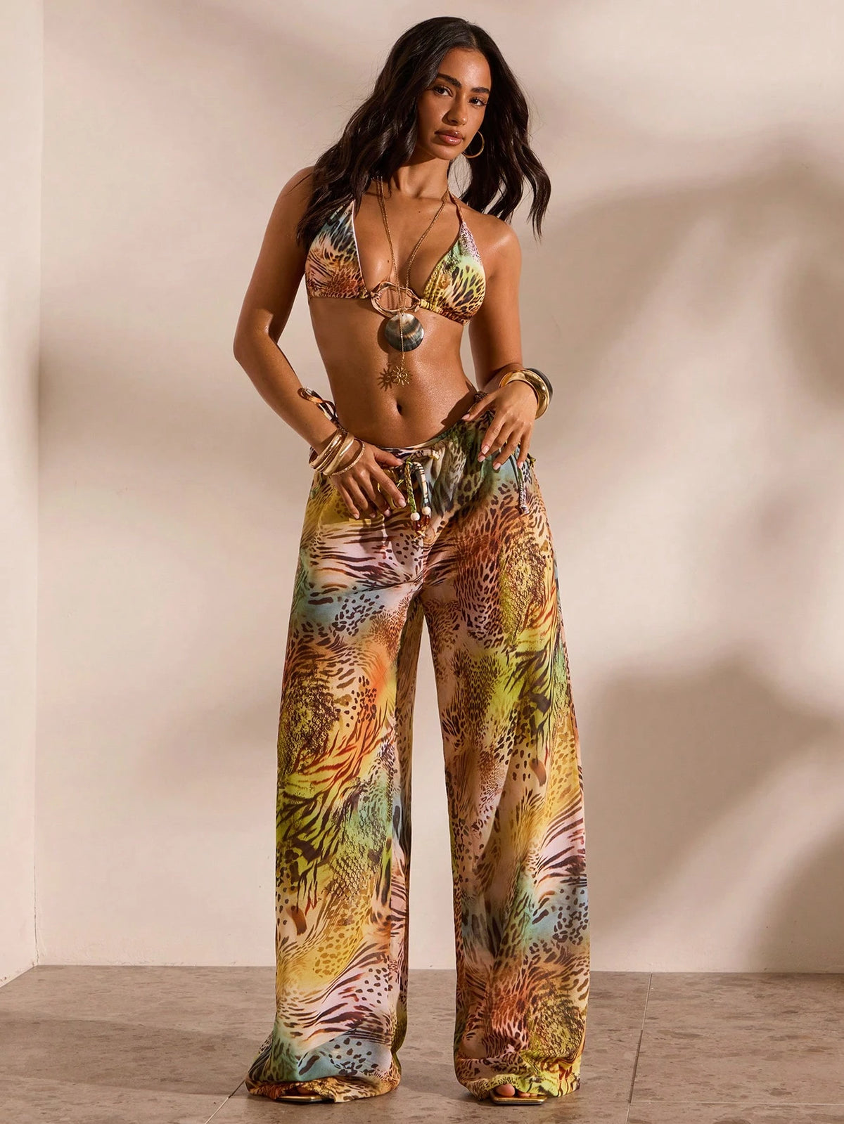 Opulessa Women's Summer Vacation Animal Print Drawstring Waist Cover-Up & Pants Set