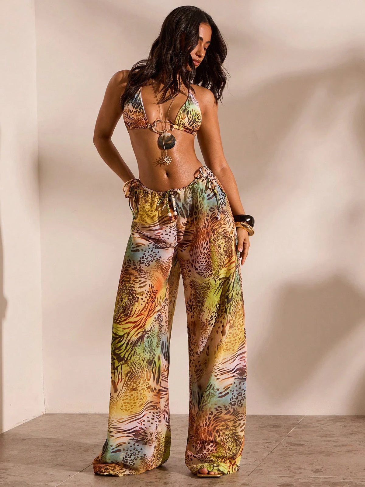 Opulessa Women's Summer Vacation Animal Print Drawstring Waist Cover-Up & Pants Set