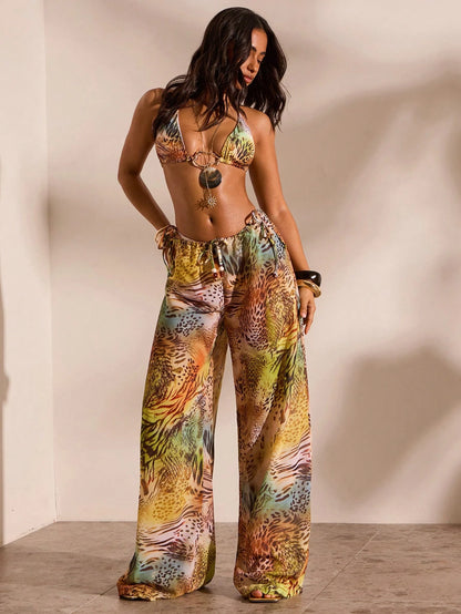 Opulessa Women's Summer Vacation Animal Print Drawstring Waist Cover-Up & Pants Set