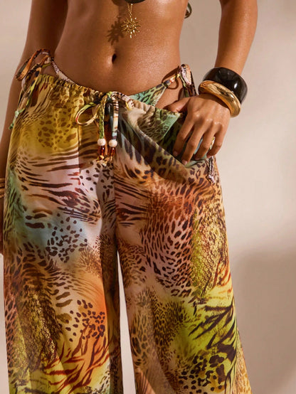 Opulessa Women's Summer Vacation Animal Print Drawstring Waist Cover-Up & Pants Set