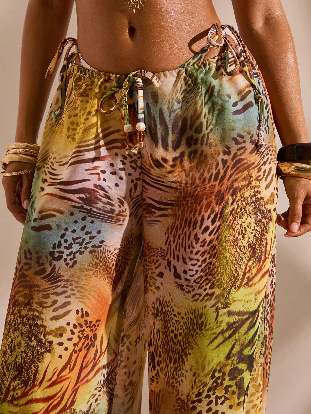 Opulessa Women's Summer Vacation Animal Print Drawstring Waist Cover-Up & Pants Set