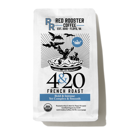 White Red Rooster 4 and 20 French Roast coffee bag with bold illustration and organic seal.