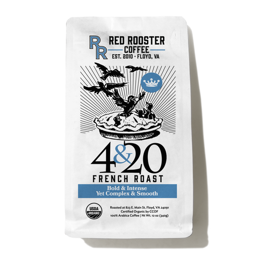 White Red Rooster 4 and 20 French Roast coffee bag with bold illustration and organic seal.