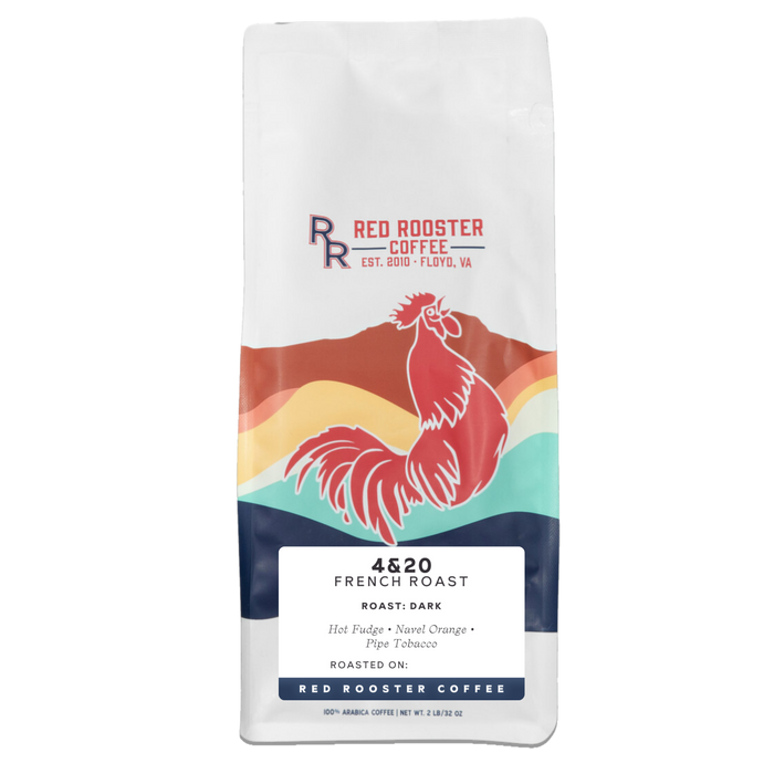 Front of a white coffee bag with Red Rooster Coffee logo and colorful rooster illustration for 4&20 French Roast