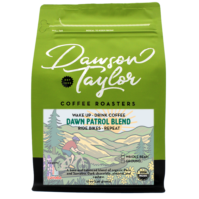 Green Dawn Patrol Blend organic coffee bag by Dawson Taylor with mountain illustration and Peruvian and Sumatran beans.