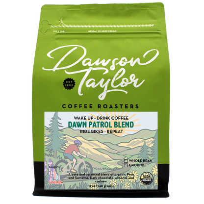 Green Dawn Patrol Blend organic coffee bag by Dawson Taylor with mountain illustration and Peruvian and Sumatran beans.