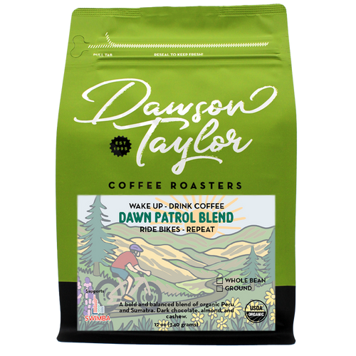 Green Dawn Patrol Blend organic coffee bag by Dawson Taylor with mountain illustration and Peruvian and Sumatran beans.