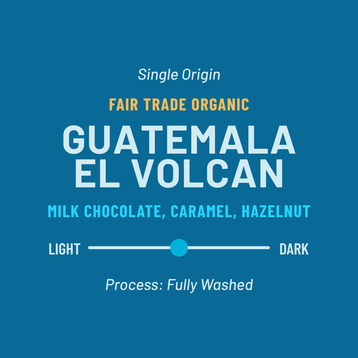 Close up of Guatemala El Volcán coffee label showing single origin fair trade organic branding and tasting notes.