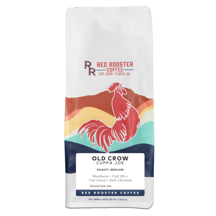 Organic Old Crow Cuppa Joe coffee bag with colorful rooster illustration and roast label