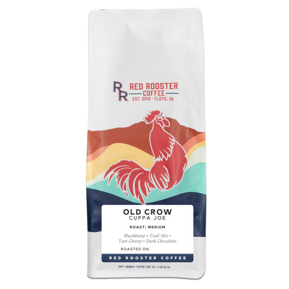 Organic Old Crow Cuppa Joe coffee bag with colorful rooster illustration and roast label