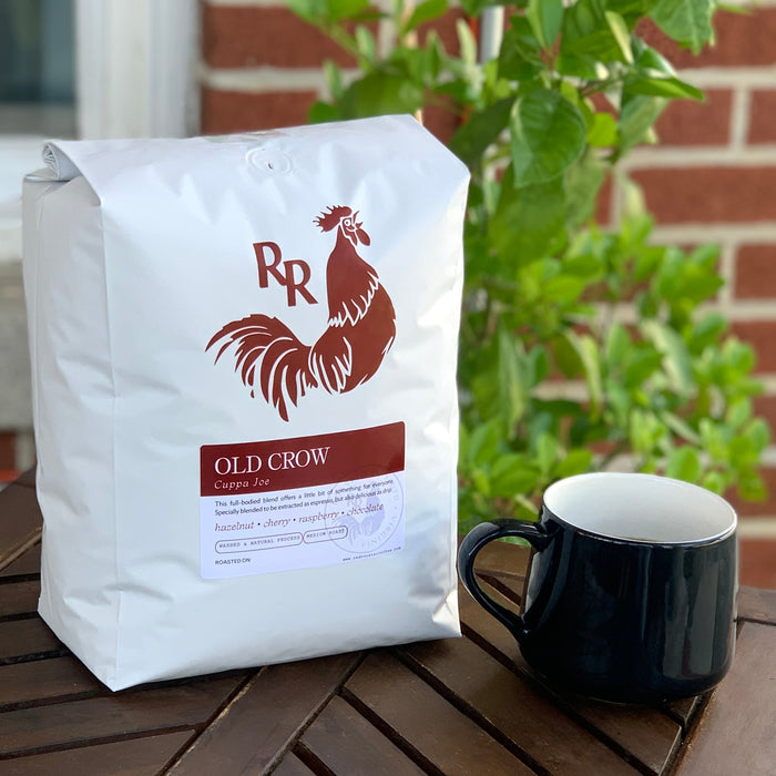 Close up of Organic Old Crow Cuppa Joe bag showing the red rooster logo and roast Medium on the label