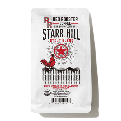 Organic Starr Hill Stout Blend coffee bag with Red Rooster branding and a red star illustration