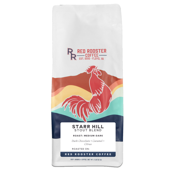 White coffee bag featuring Red Rooster Coffee branding with a colorful rooster illustration and Starr Hill Stout Blend label