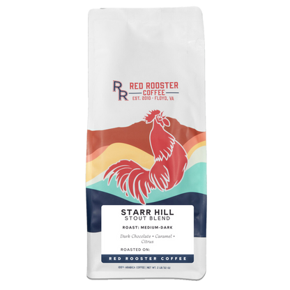 White coffee bag featuring Red Rooster Coffee branding with a colorful rooster illustration and Starr Hill Stout Blend label