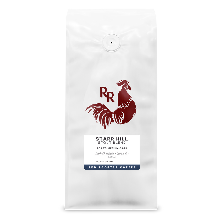 White coffee bag with circular reseal, vibrant rooster artwork, and Starr Hill Stout Blend label