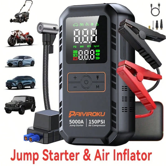 PAIIVIROKU 5000A Car Jump Starter Jump Starter With Air Compressor, 150PSI Tire Inflator, 5-In-1 Portable Emergency Battery Booster With LCD Display, Fast Charging Power Bank And LED Flash Light