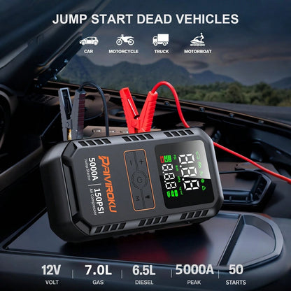 PAIIVIROKU 5000A Car Jump Starter Jump Starter With Air Compressor, 150PSI Tire Inflator, 5-In-1 Portable Emergency Battery Booster With LCD Display, Fast Charging Power Bank And LED Flash Light