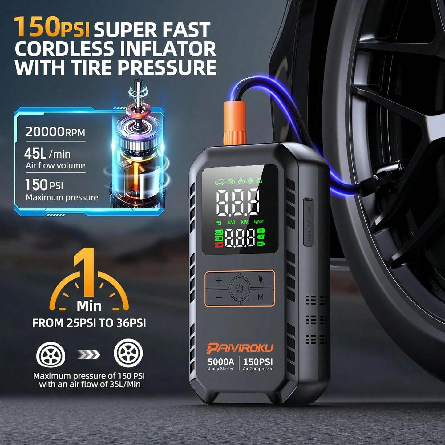 PAIIVIROKU 5000A Car Jump Starter Jump Starter With Air Compressor, 150PSI Tire Inflator, 5-In-1 Portable Emergency Battery Booster With LCD Display, Fast Charging Power Bank And LED Flash Light