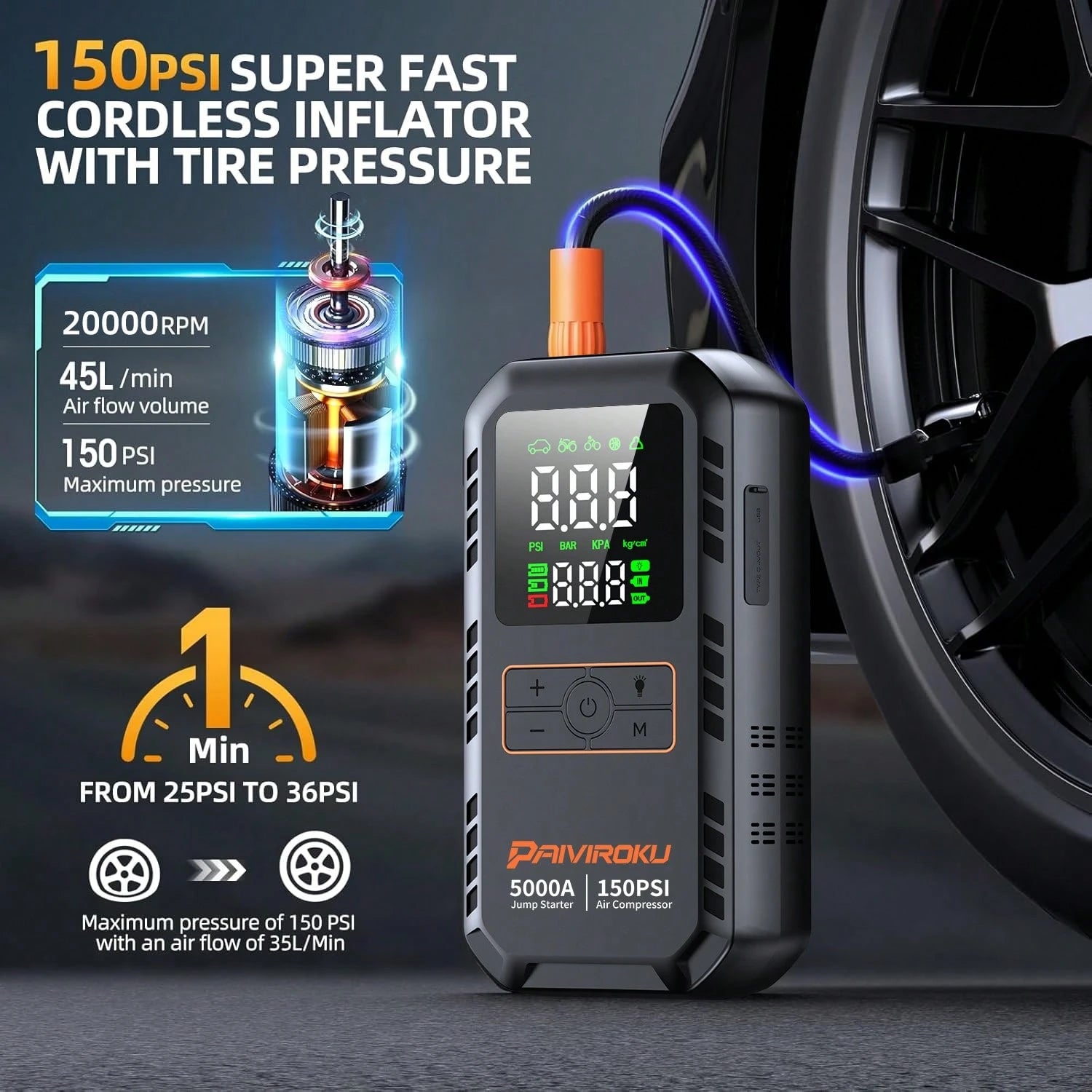 PAIIVIROKU 5000A Car Jump Starter Jump Starter With Air Compressor, 150PSI Tire Inflator, 5-In-1 Portable Emergency Battery Booster With LCD Display, Fast Charging Power Bank And LED Flash Light