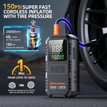 PAIIVIROKU 5000A Car Jump Starter Jump Starter With Air Compressor, 150PSI Tire Inflator, 5-In-1 Portable Emergency Battery Booster With LCD Display, Fast Charging Power Bank And LED Flash Light