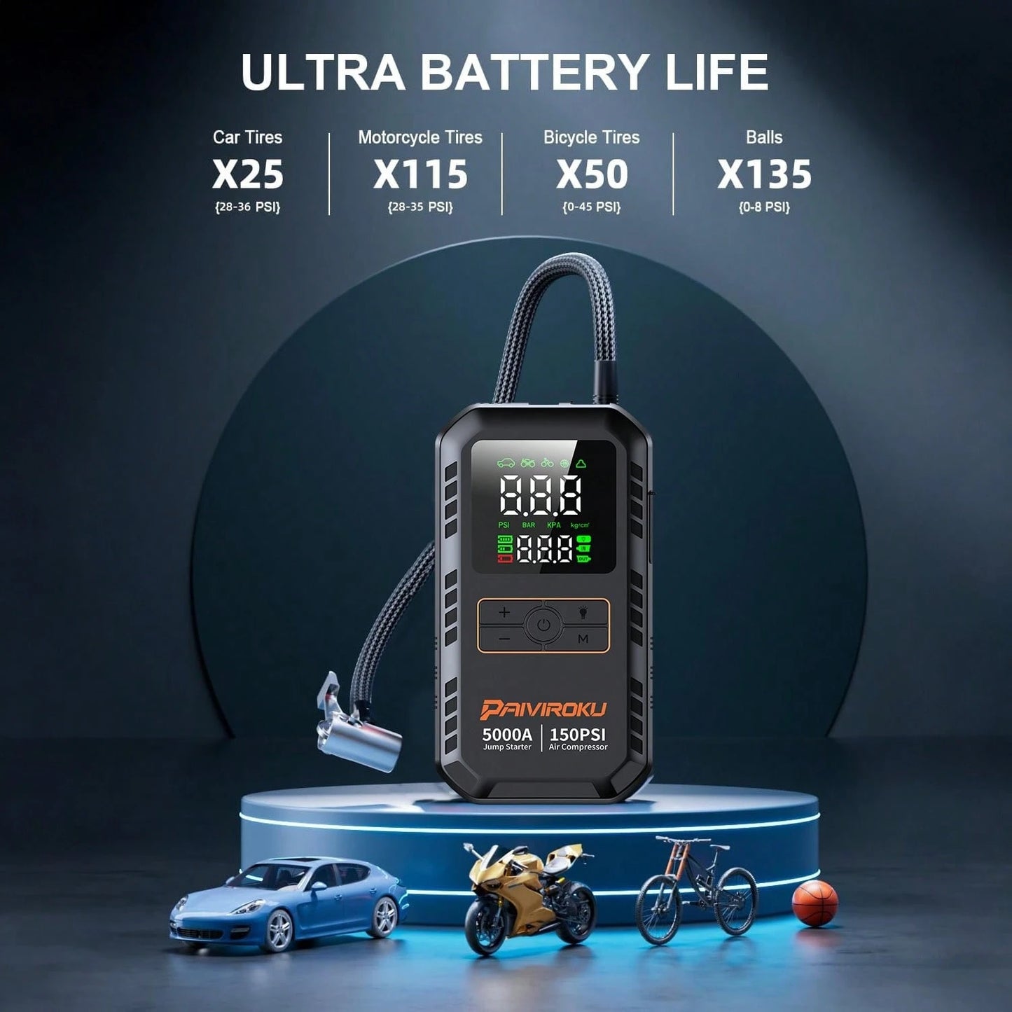 PAIIVIROKU 5000A Car Jump Starter Jump Starter With Air Compressor, 150PSI Tire Inflator, 5-In-1 Portable Emergency Battery Booster With LCD Display, Fast Charging Power Bank And LED Flash Light