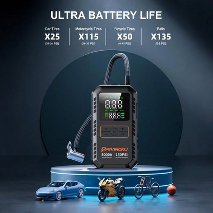 PAIIVIROKU 5000A Car Jump Starter Jump Starter With Air Compressor, 150PSI Tire Inflator, 5-In-1 Portable Emergency Battery Booster With LCD Display, Fast Charging Power Bank And LED Flash Light
