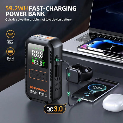 PAIIVIROKU 5000A Car Jump Starter Jump Starter With Air Compressor, 150PSI Tire Inflator, 5-In-1 Portable Emergency Battery Booster With LCD Display, Fast Charging Power Bank And LED Flash Light