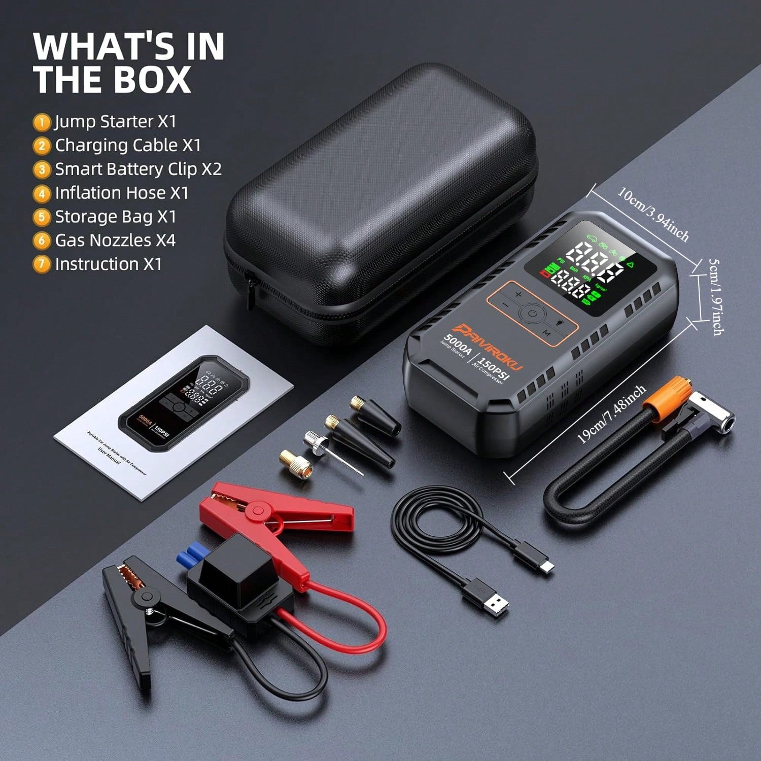 PAIIVIROKU 5000A Car Jump Starter Jump Starter With Air Compressor, 150PSI Tire Inflator, 5-In-1 Portable Emergency Battery Booster With LCD Display, Fast Charging Power Bank And LED Flash Light