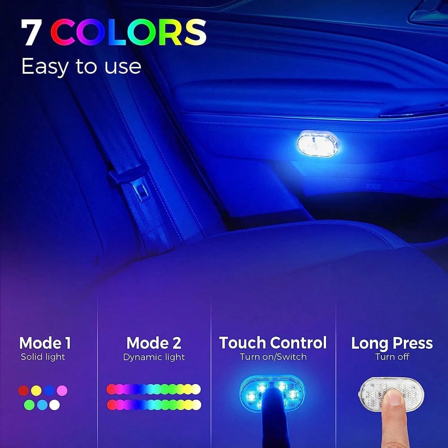 PAKRYS 2pcs LED Car Interior Lights With Touch Sensor, Super Adhesive Or Magnetic Installation, Multi-Color Options (White, Blue, Green, Purple), Portable Reading & Ceiling Decoration Car Lights
