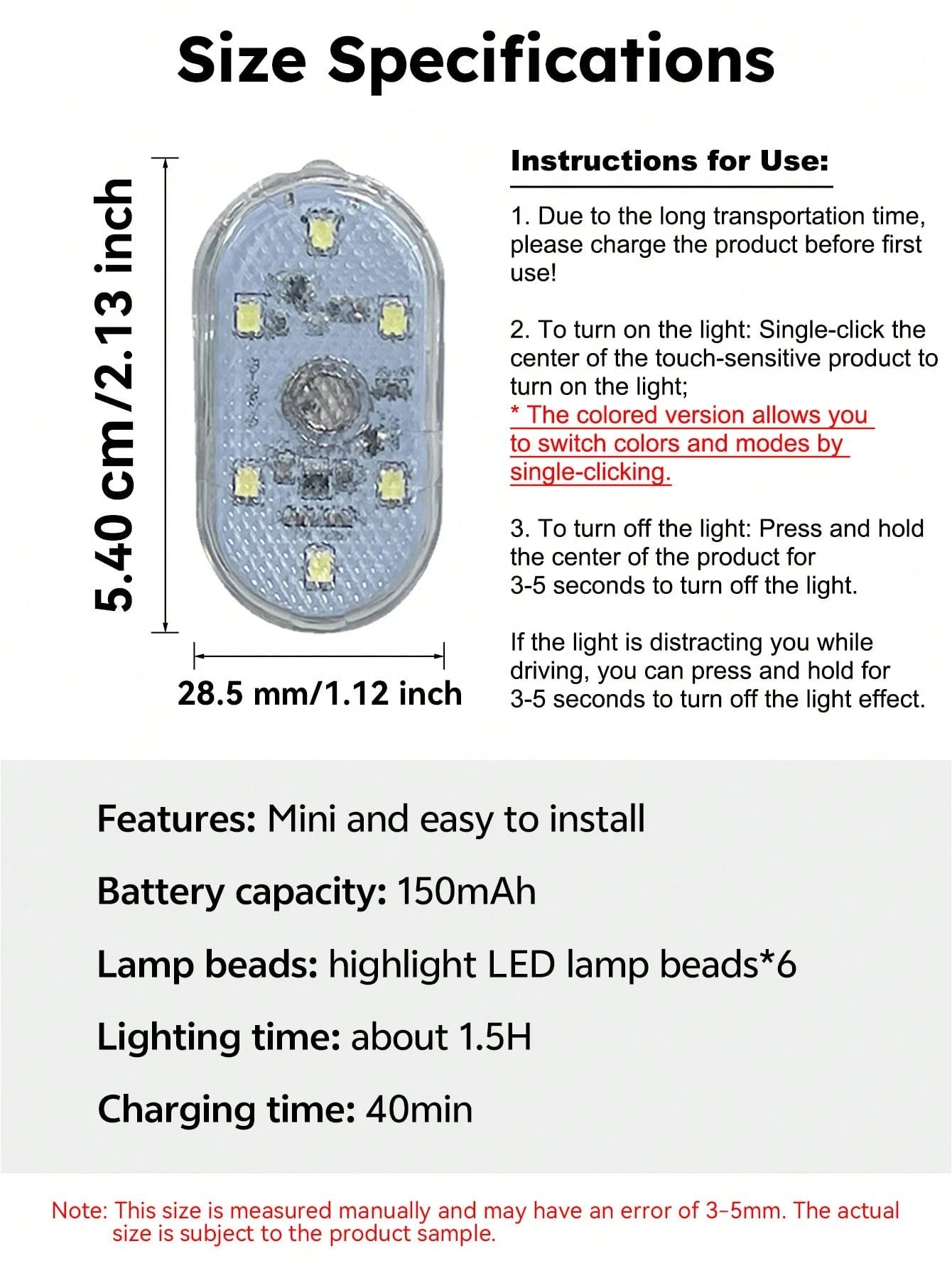 PAKRYS 2pcs LED Car Interior Lights With Touch Sensor, Super Adhesive Or Magnetic Installation, Multi-Color Options (White, Blue, Green, Purple), Portable Reading & Ceiling Decoration Car Lights