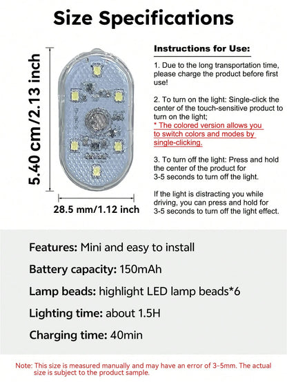 PAKRYS 2pcs LED Car Interior Lights With Touch Sensor, Super Adhesive Or Magnetic Installation, Multi-Color Options (White, Blue, Green, Purple), Portable Reading & Ceiling Decoration Car Lights