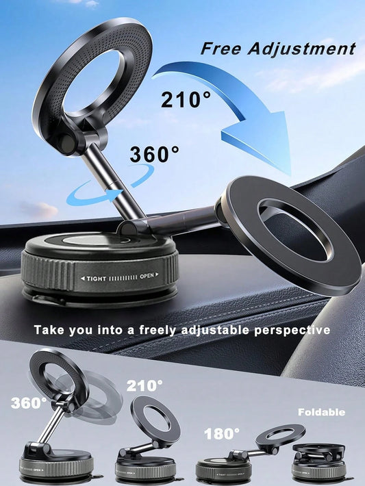 PAKRYS Adjustable Foldable Magnetic Phone Holder, N52 Strong Magnetic Vacuum Suction Cup Base, 360° Rotating Aluminum Alloy Phone Stand, Universal For Car Dashboard, Glass, Bathroom Tiles, ABS Round S