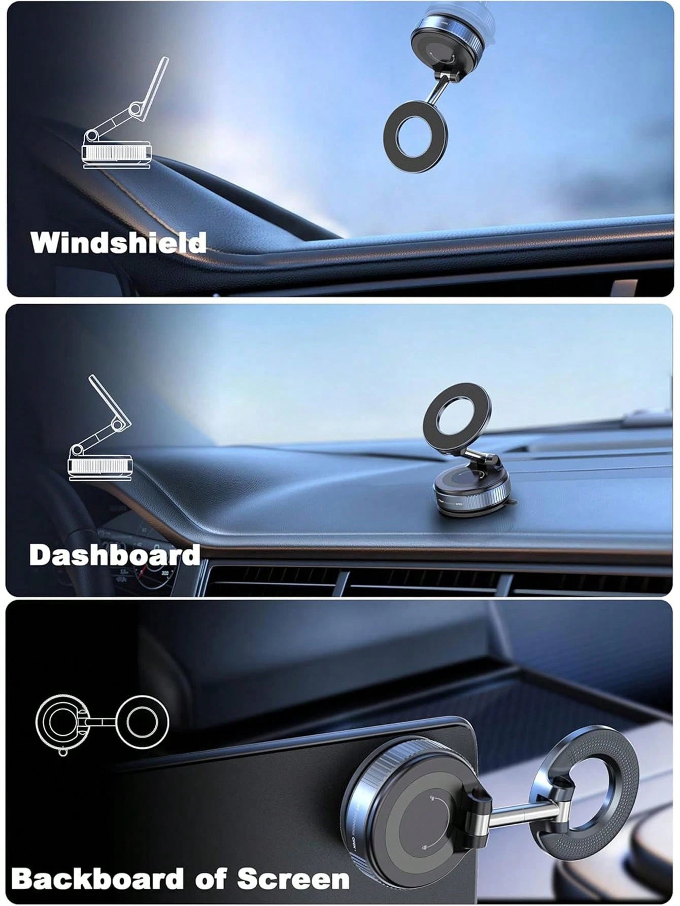 PAKRYS Adjustable Foldable Magnetic Phone Holder, N52 Strong Magnetic Vacuum Suction Cup Base, 360° Rotating Aluminum Alloy Phone Stand, Universal For Car Dashboard, Glass, Bathroom Tiles, ABS Round S