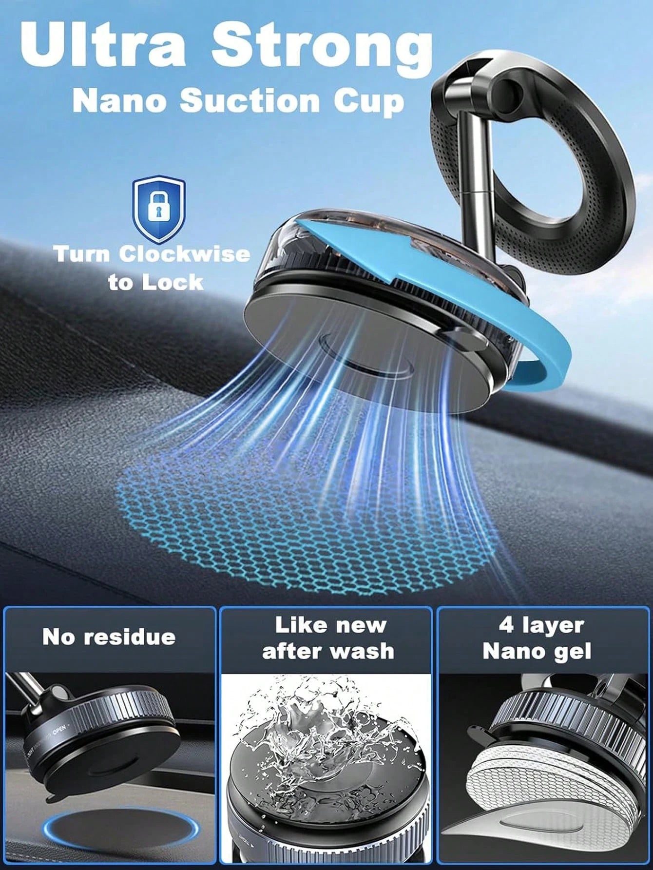 PAKRYS Adjustable Foldable Magnetic Phone Holder, N52 Strong Magnetic Vacuum Suction Cup Base, 360° Rotating Aluminum Alloy Phone Stand, Universal For Car Dashboard, Glass, Bathroom Tiles, ABS Round S