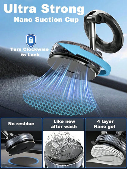 PAKRYS Adjustable Foldable Magnetic Phone Holder, N52 Strong Magnetic Vacuum Suction Cup Base, 360° Rotating Aluminum Alloy Phone Stand, Universal For Car Dashboard, Glass, Bathroom Tiles, ABS Round S