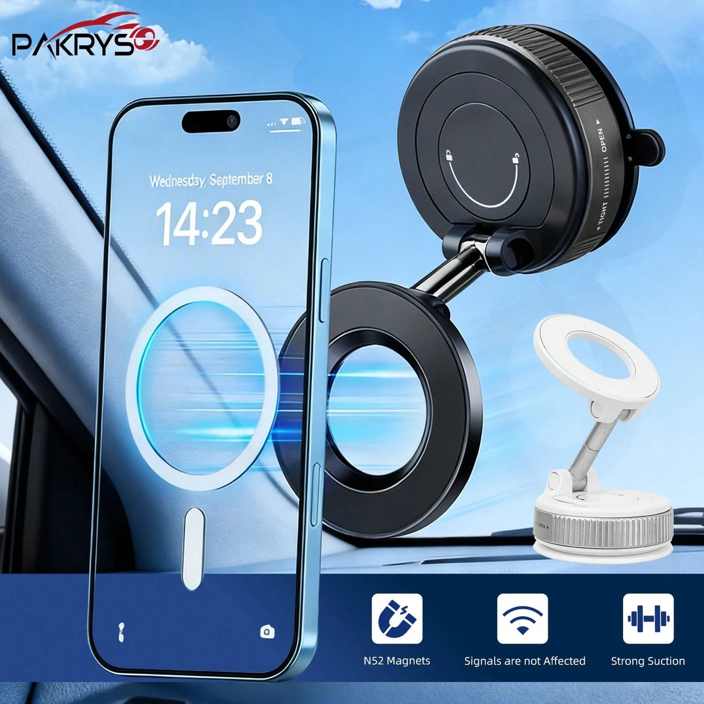 PAKRYS Adjustable Foldable Magnetic Phone Holder, N52 Strong Magnetic Vacuum Suction Cup Base, 360° Rotating Aluminum Alloy Phone Stand, Universal For Car Dashboard, Glass, Bathroom Tiles, ABS Round S