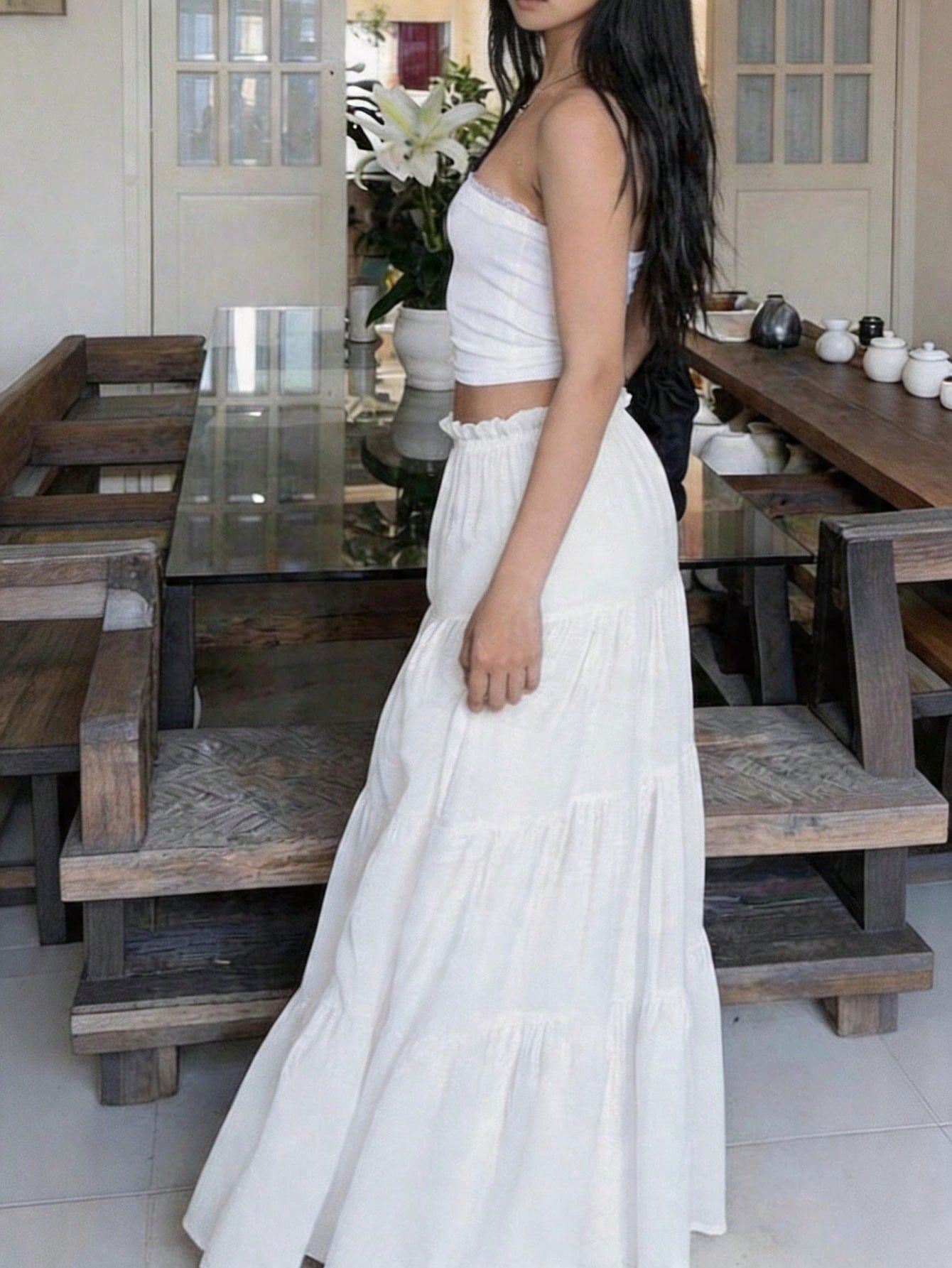 Pale Yellow Pleated Skirt, Casual Elegant Vacation Beach Retro Y2K Style White Summer