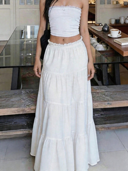 Pale Yellow Pleated Skirt, Casual Elegant Vacation Beach Retro Y2K Style White Summer