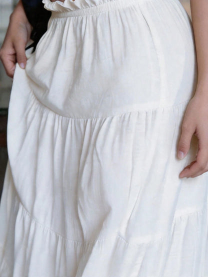 Pale Yellow Pleated Skirt, Casual Elegant Vacation Beach Retro Y2K Style White Summer