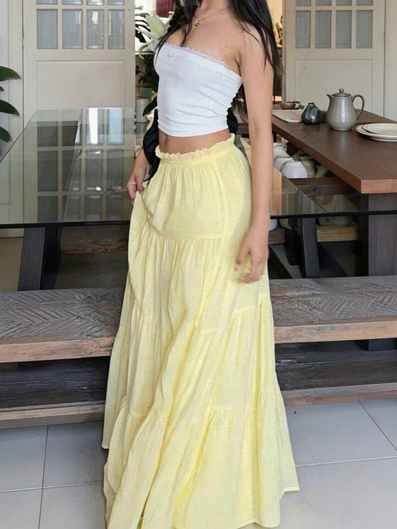 Pale Yellow Pleated Skirt, Casual Elegant Vacation Beach Retro Y2K Style White Summer