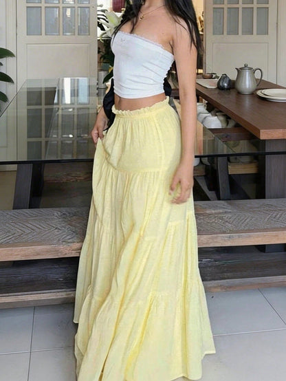 Pale Yellow Pleated Skirt, Casual Elegant Vacation Beach Retro Y2K Style White Summer